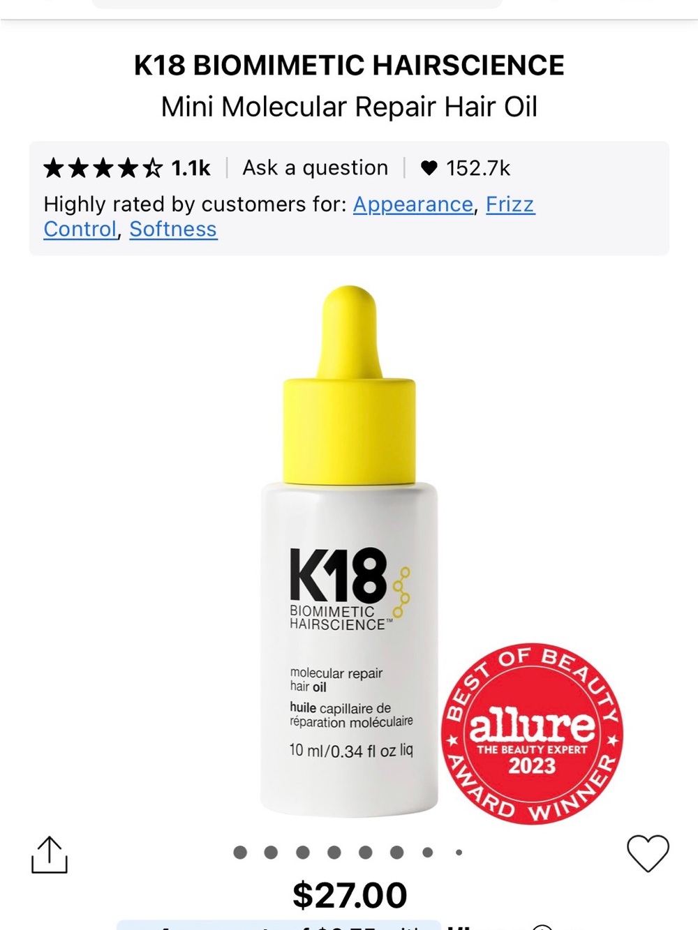 K18 Biomimetic Hairscience Mini Molecular Repair Hair Oil — Yellow/White